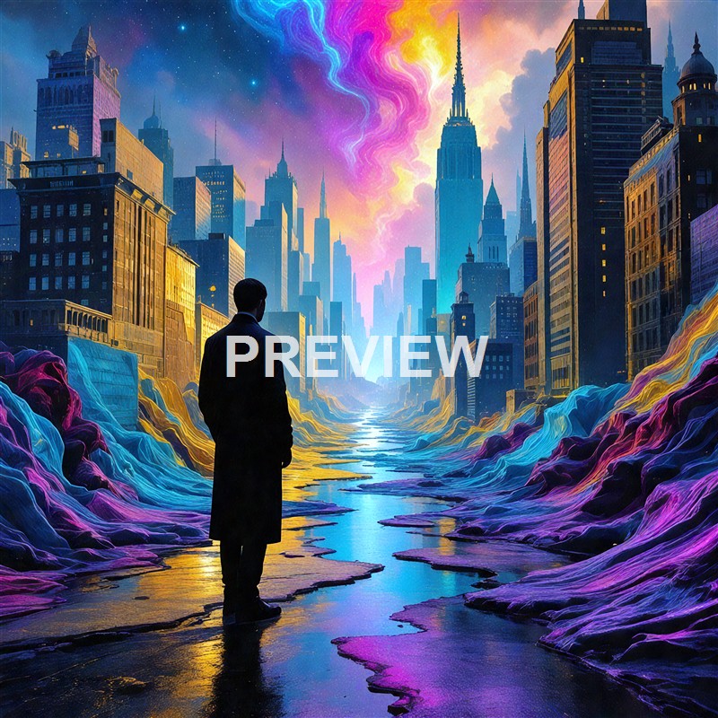 A man in a dark suit stands on a wet, cracked surface in the foreground, looking toward a vibrant, surreal cityscape with towering skyscrapers under a colorful, swirling sky with clouds and nebula-like formations.